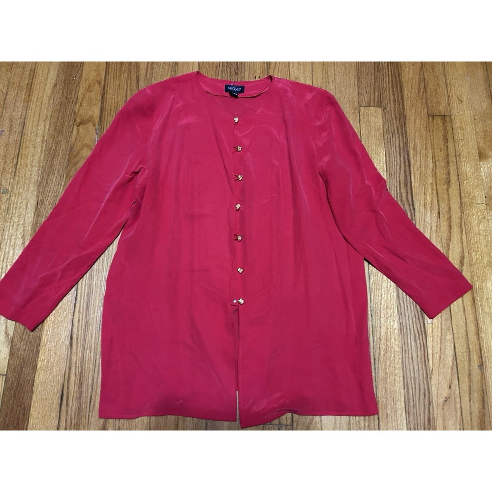 Vintage Shomi Women's Gold Buttons Silk Long Sleeve Shirt Tunic Top Red Size 14